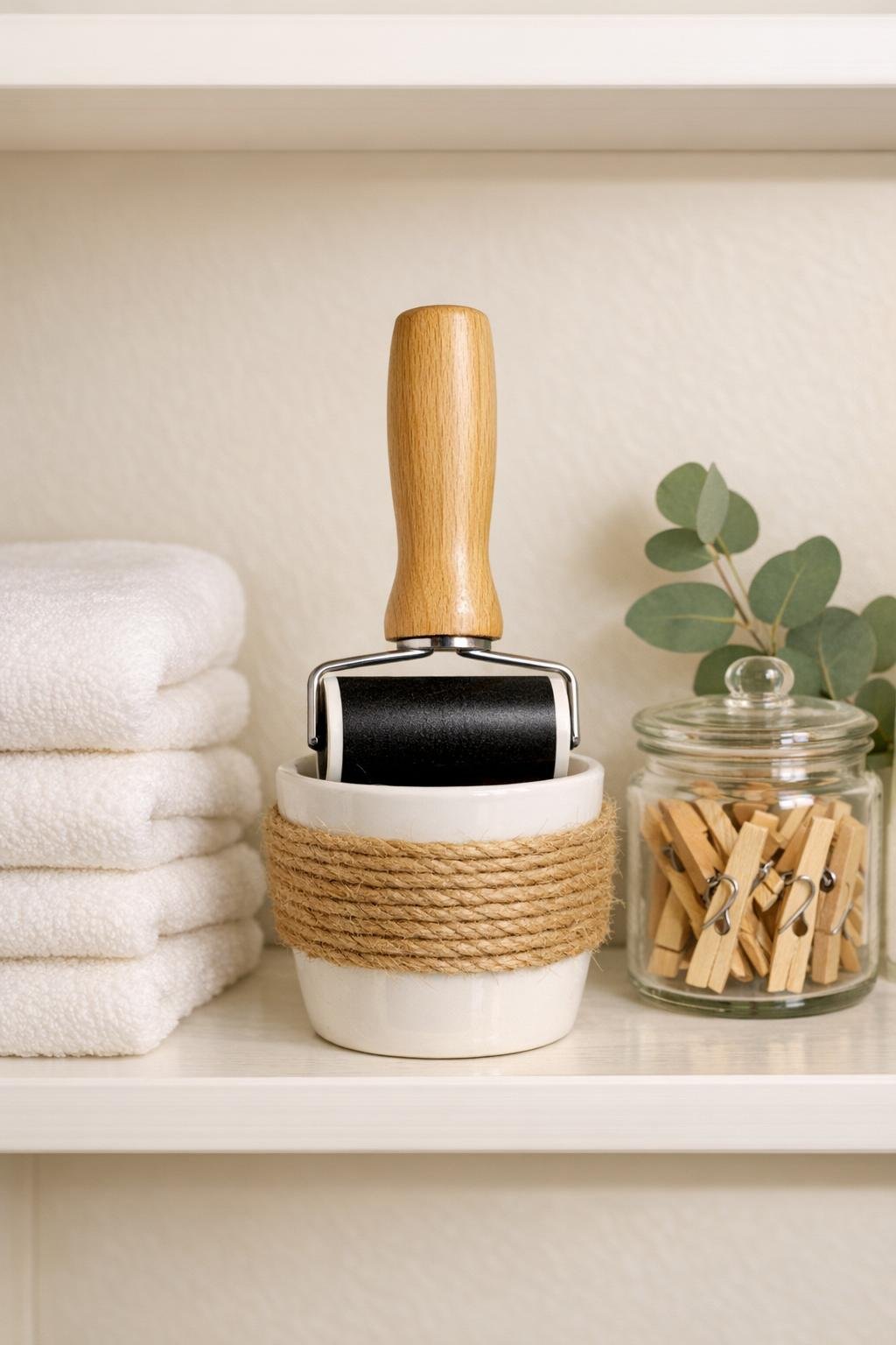 Finished laundry room lint brush station in a styled laundry space