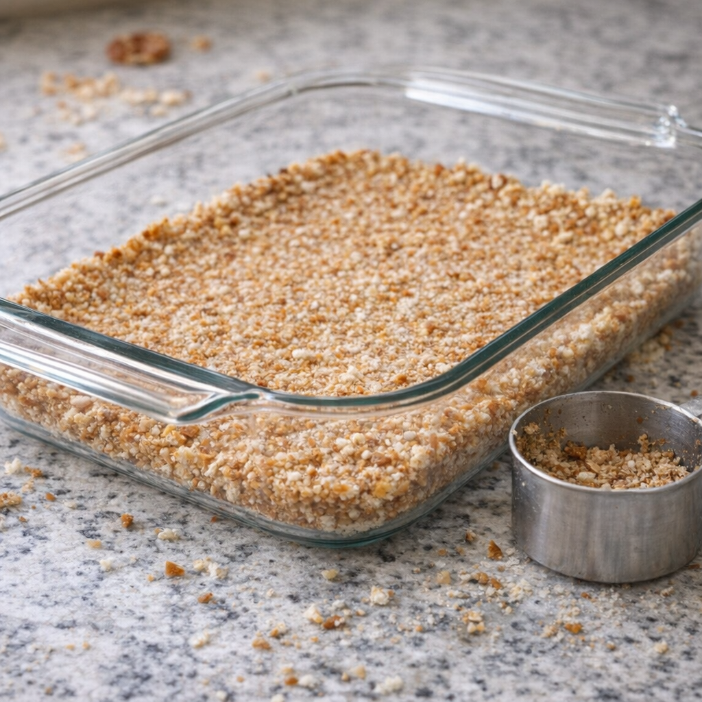 Pretzel crust pressed into a glass baking dish