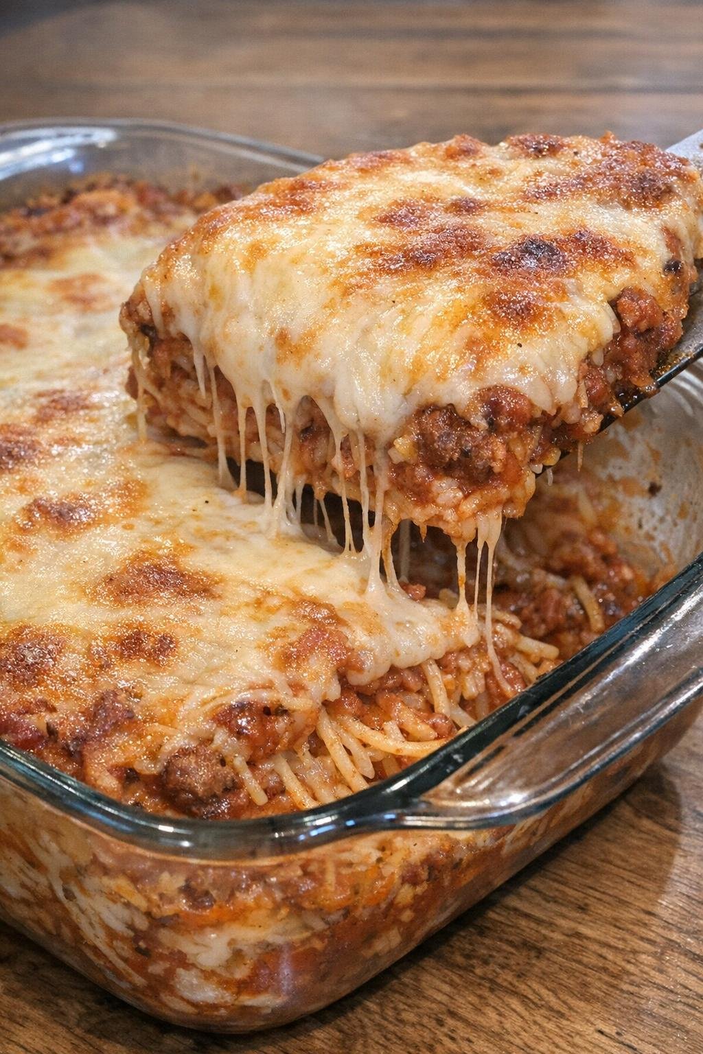 Baked spaghetti with browned cheese in a glass baking dish