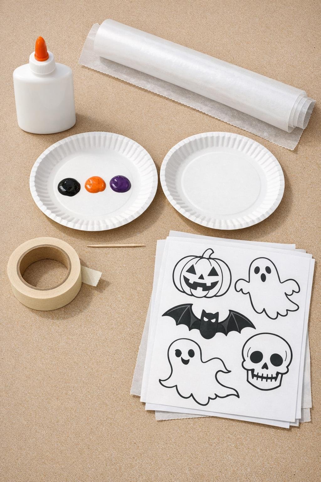 Halloween cling materials laid out on a craft table