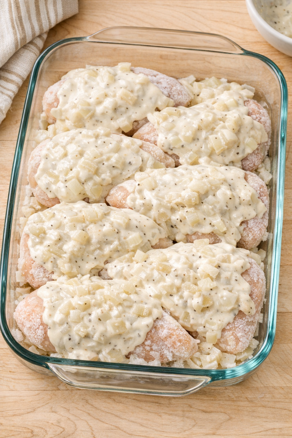 Sauce spread over frozen chicken in the baking dish