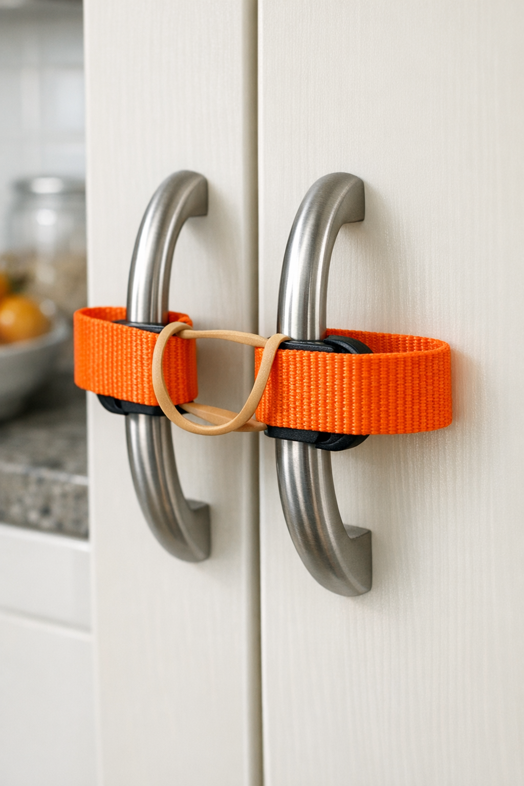 Finished recycled plastic cabinet latch installed on cabinet handles
