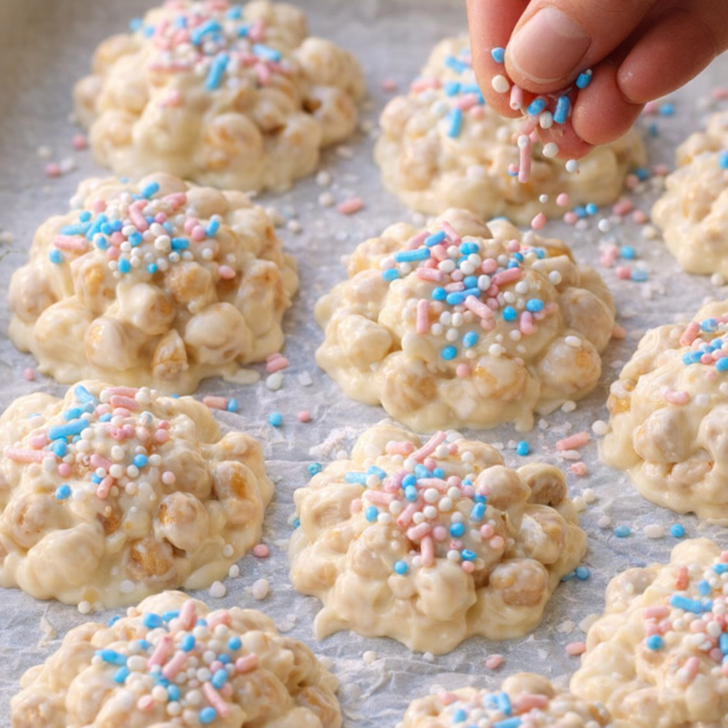 Freshly scooped peanut clusters with pastel sprinkles