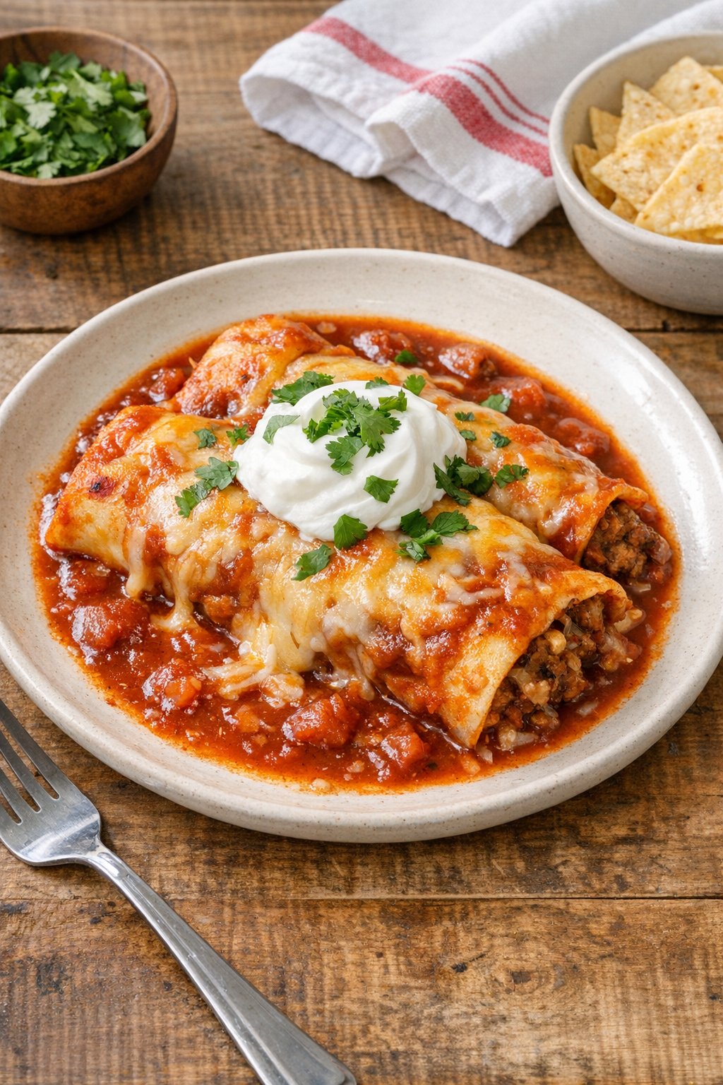 Finished plated slow cooker beef and cheese enchiladas