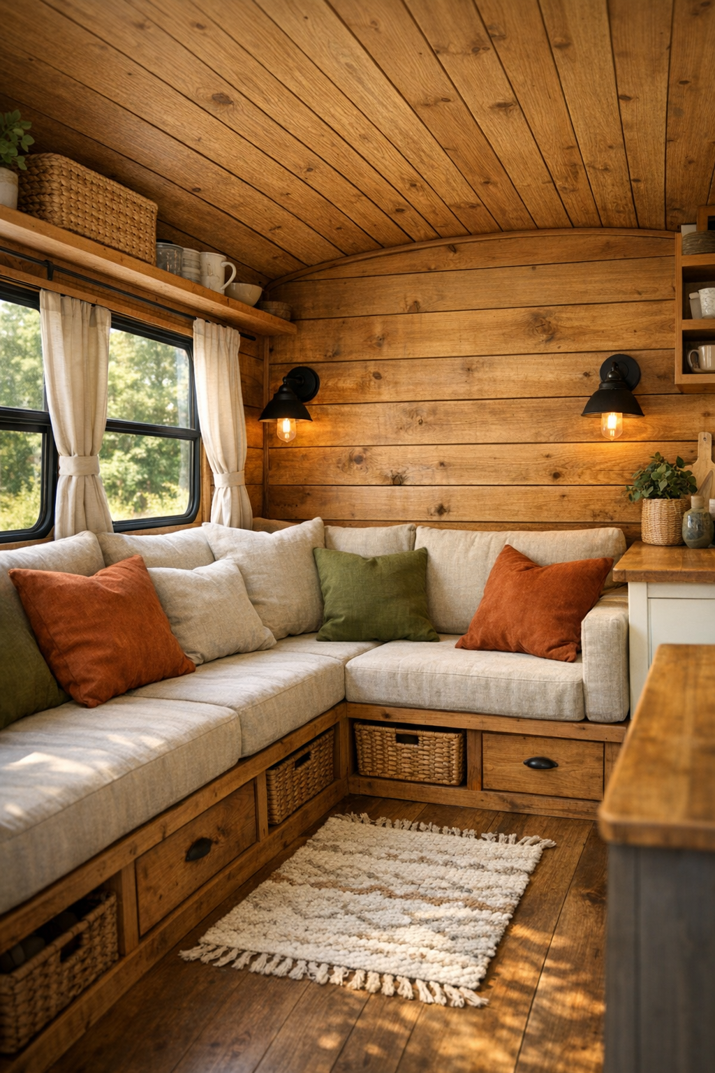 Rustic bus living room with built-in bench seating and warm wood interior