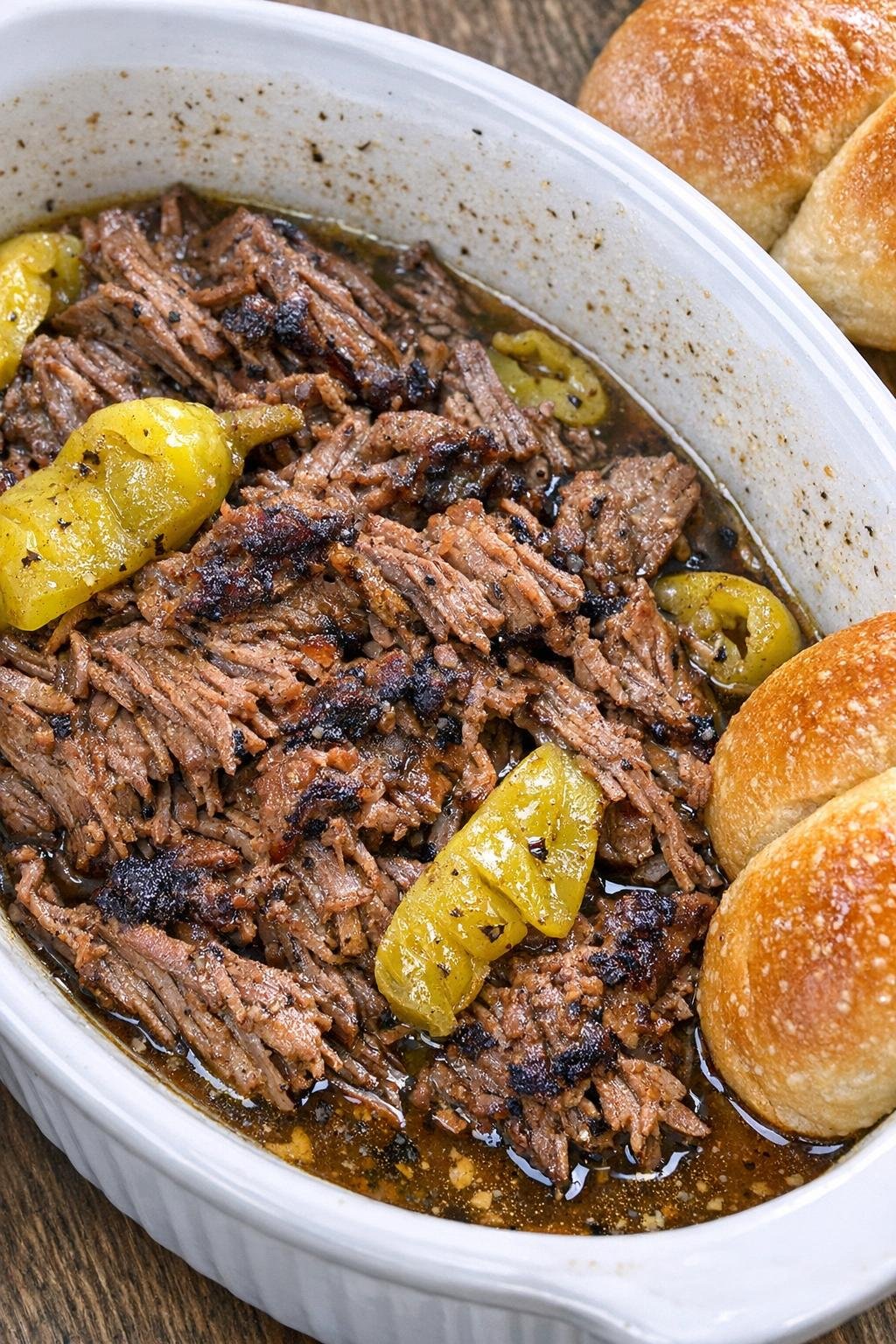 Tender shredded Italian beef in au jus with rolls