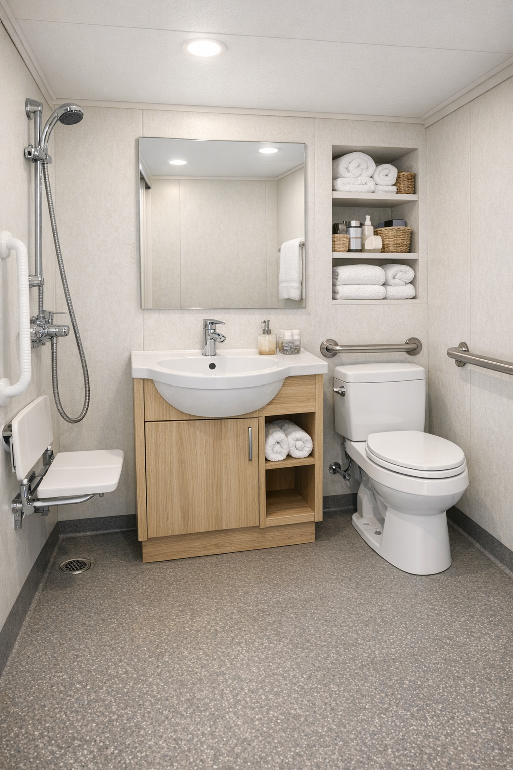 Accessible RV bathroom with pale wall panels, open floor space, and a simple modern vanity