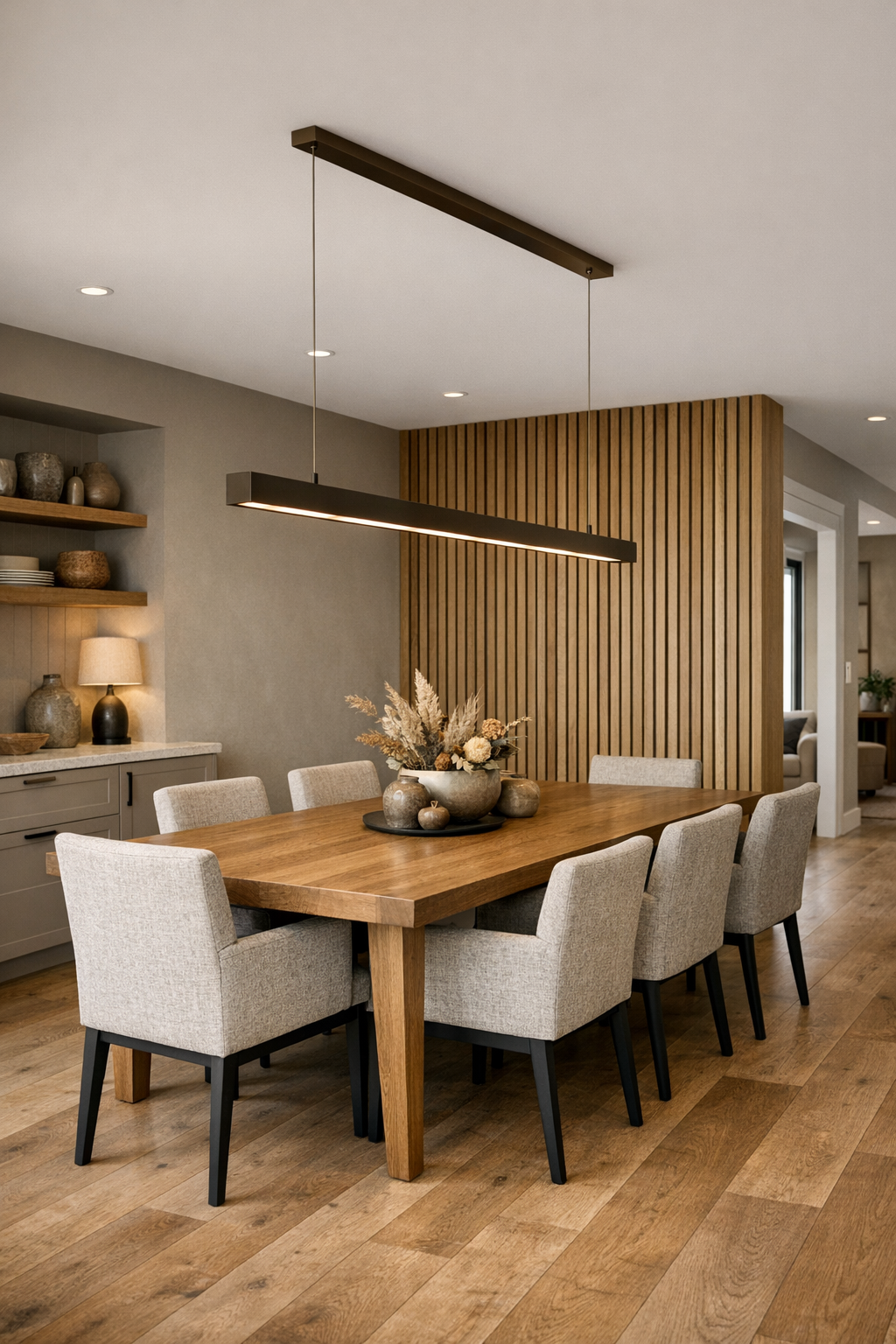 Accessible dining room with oak table, upholstered chairs, and warm bronze lighting