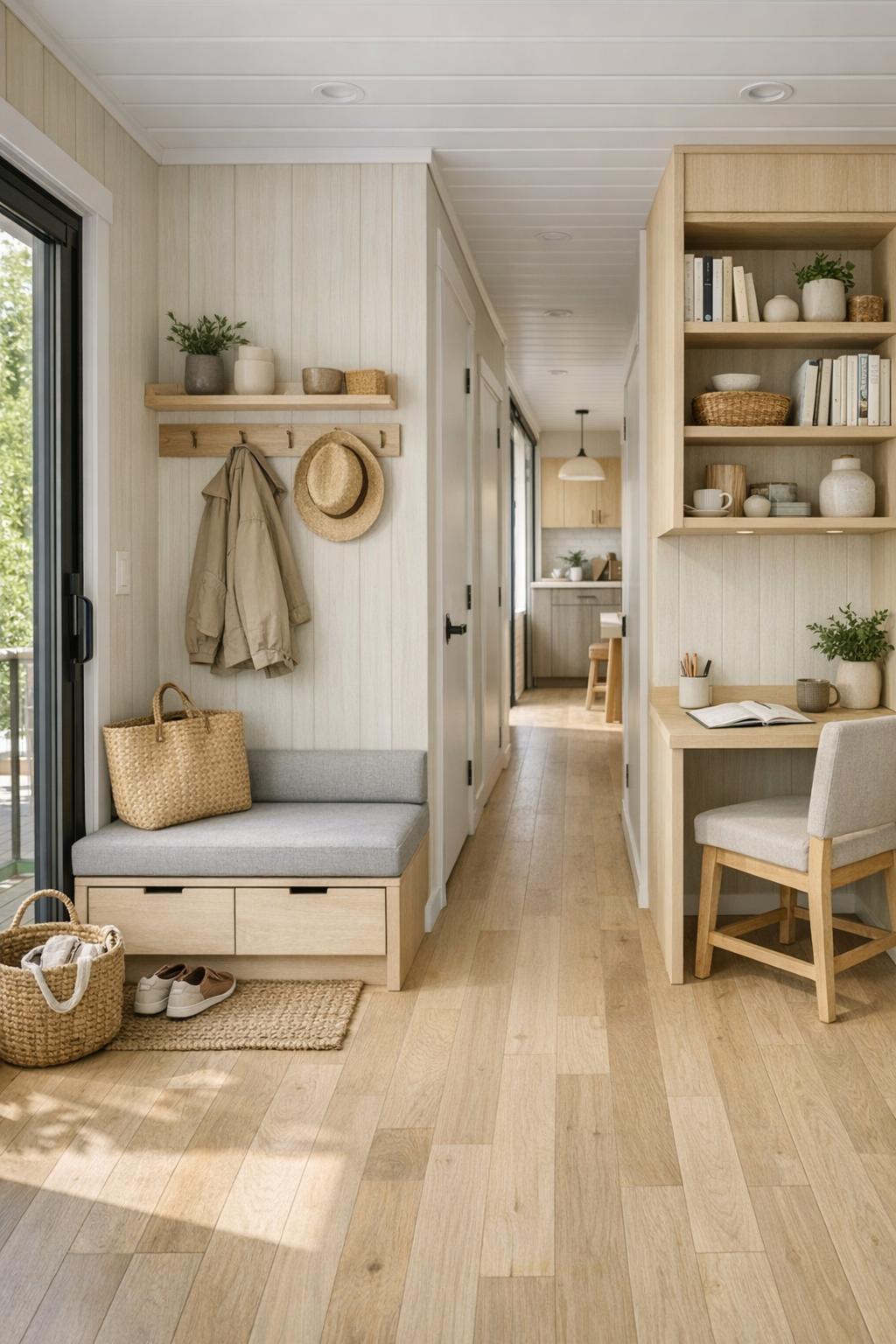Organized entry and multi-use nook with built-in storage, bench seating, and a compact desk