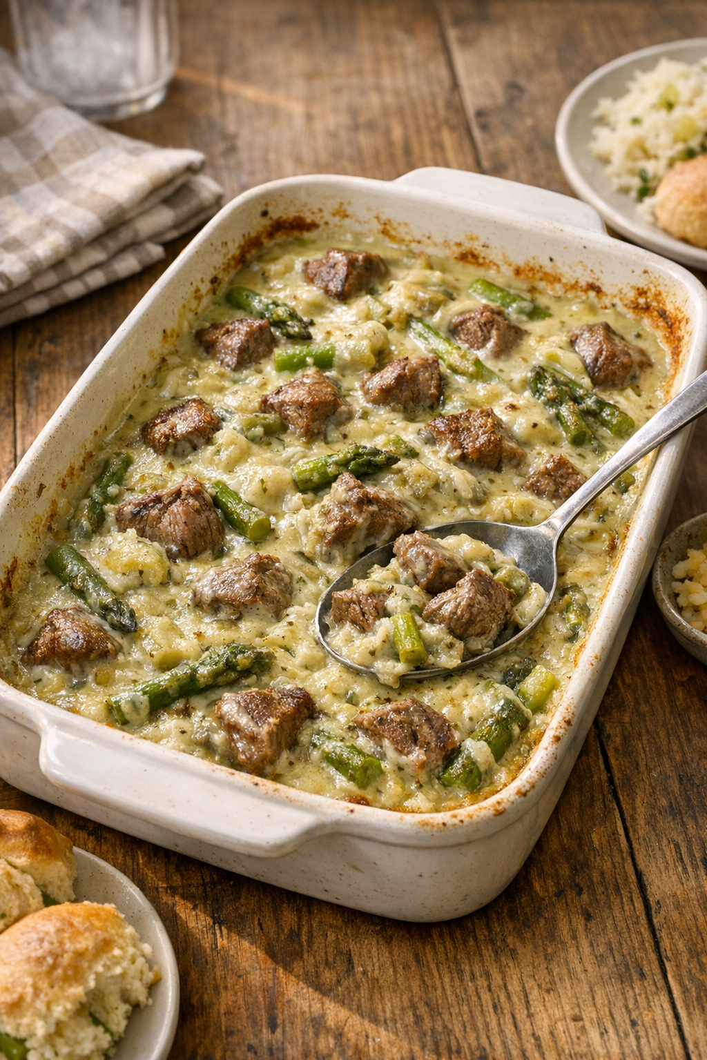 Finished baked beef and asparagus casserole in a rustic baking dish