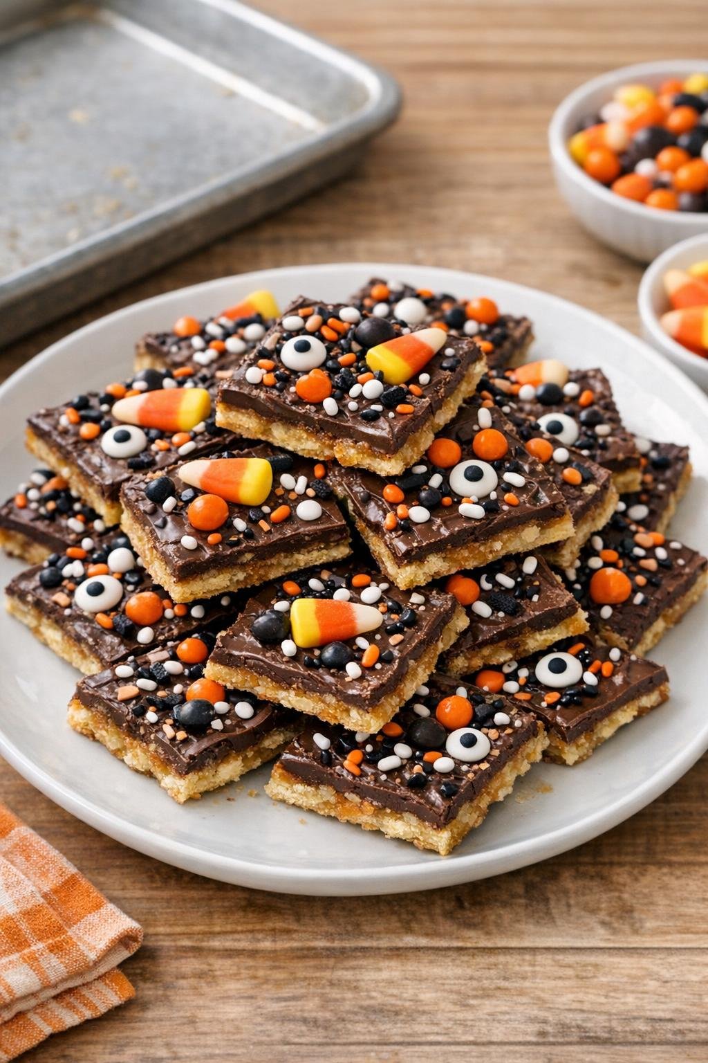 Finished Halloween saltine cracker toffee on a platter