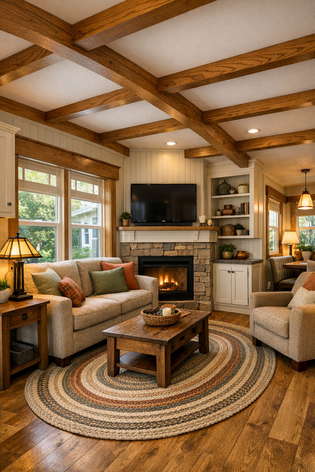 Cozy craftsman living room with sage accents and built-in cabinetry
