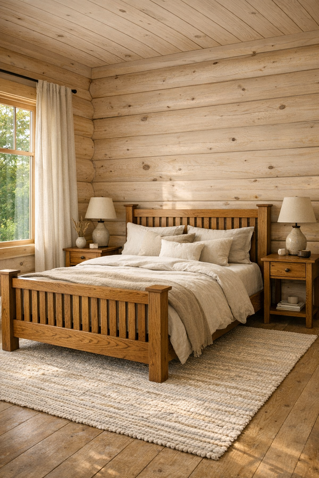 Peaceful bedroom with pale log walls, handcrafted wood bed, and soft neutral linens