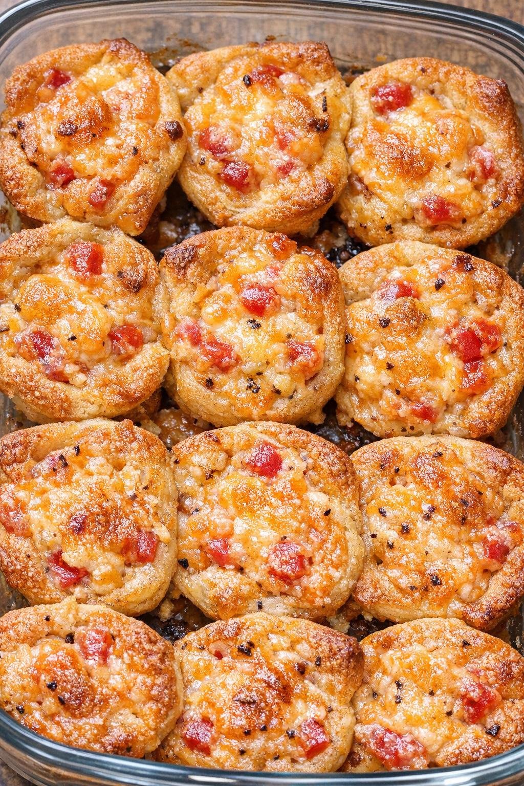 Southern 3-ingredient baked pimento bites in a glass casserole dish