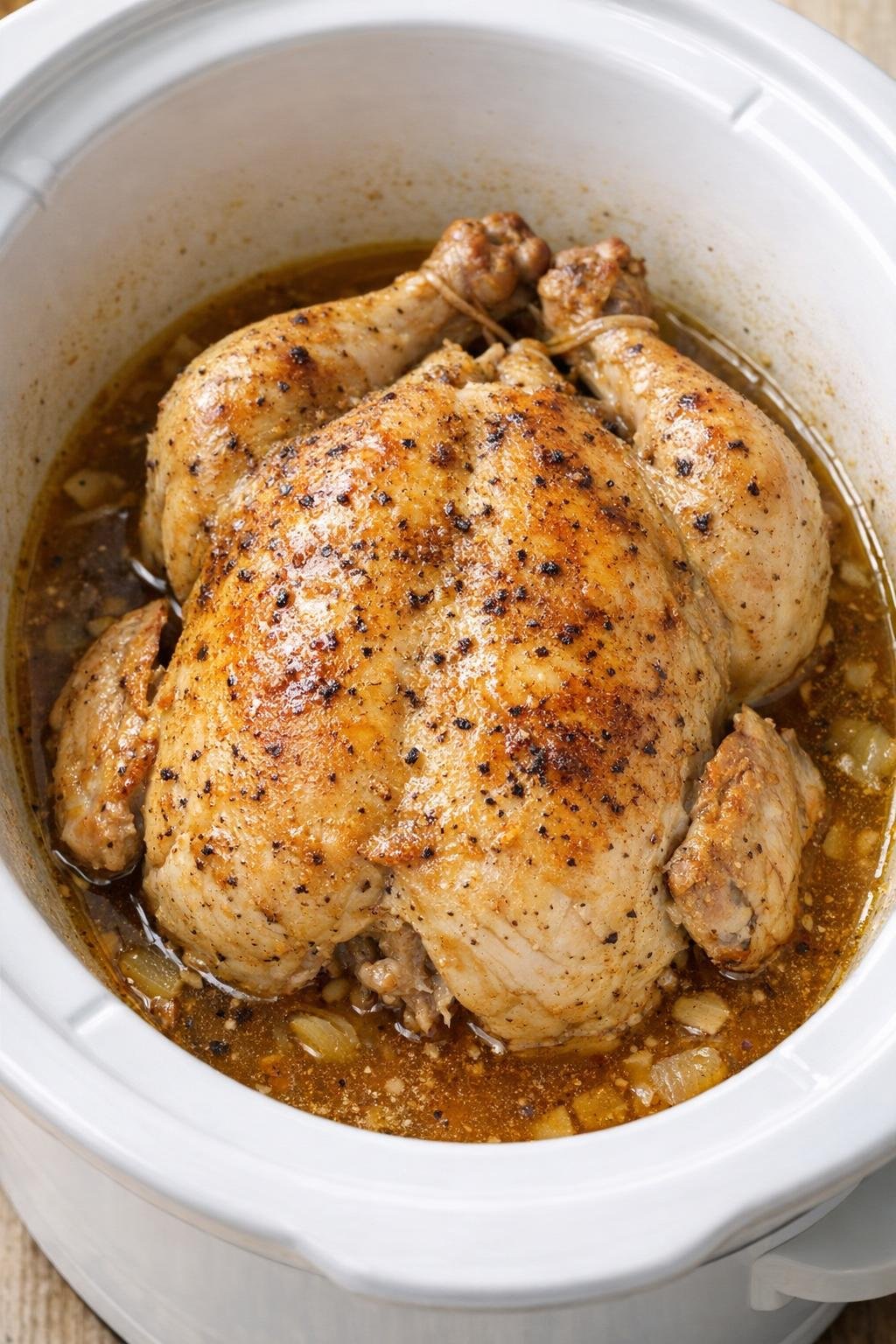 Fully cooked whole chicken in slow cooker with savory juices