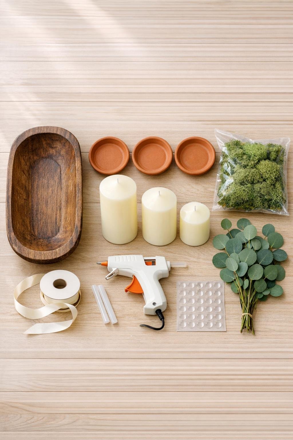 Materials for a candle cluster tray laid out together