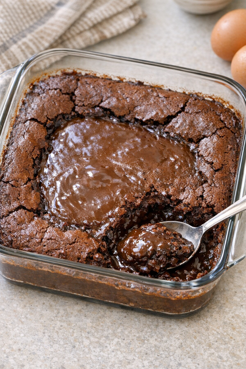 Finished baked milk chocolate dessert in a glass baking dish