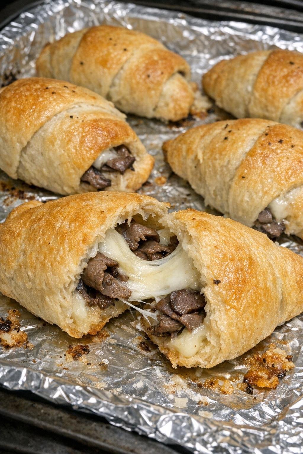 Golden brown crescent pockets with roast beef and mozzarella on a foil-lined baking sheet