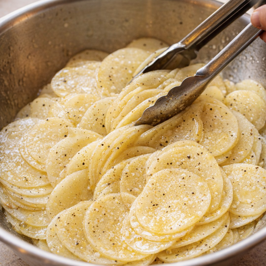 Thin potato slices tossed with butter and pepper in a mixing bowl