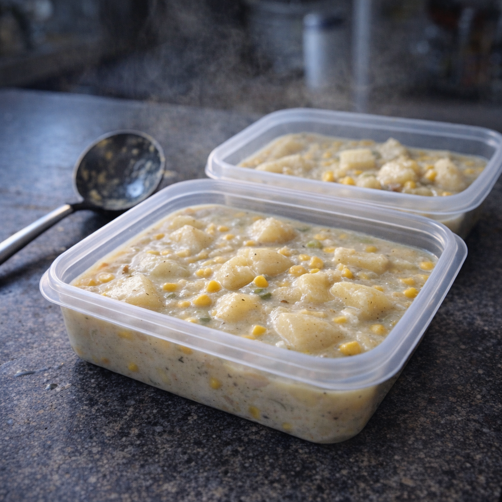 Leftover chowder portioned into shallow storage containers
