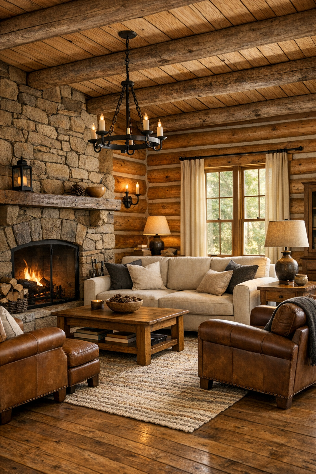 Warm log home living room with stone fireplace and Amish-made wood furniture