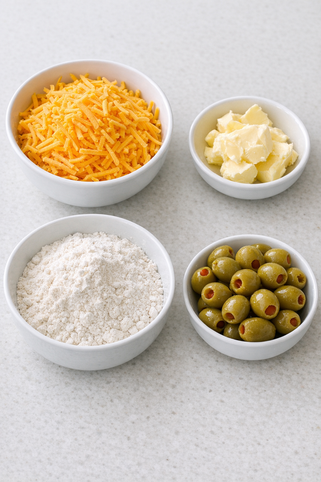 Measured ingredients for olive bites on a kitchen counter