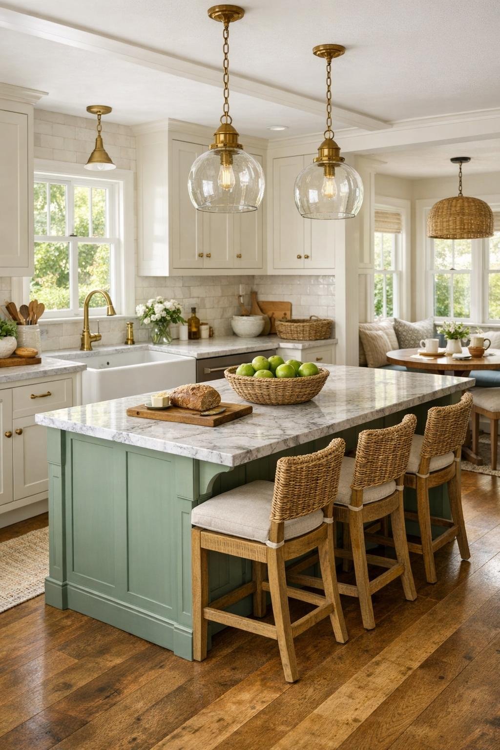 Warm cottage kitchen with creamy cabinets, green island, and apron-front sink