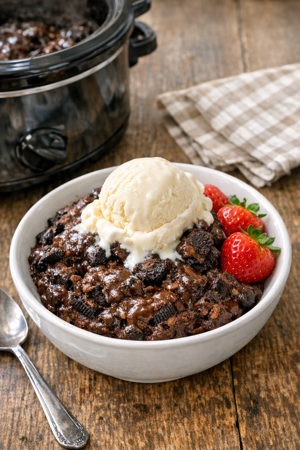 Finished slow cooker chocolate cookie dessert in serving bowl