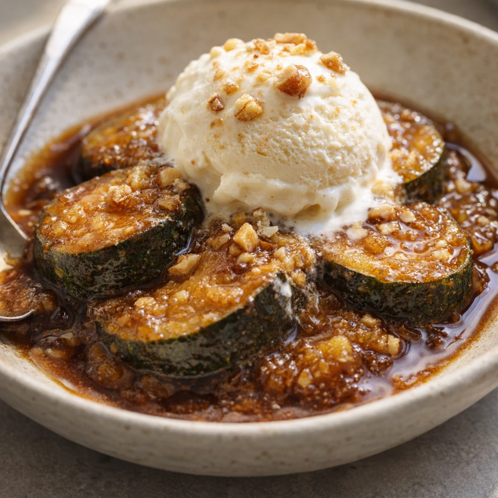 Warm zucchini dessert served in a bowl with syrup
