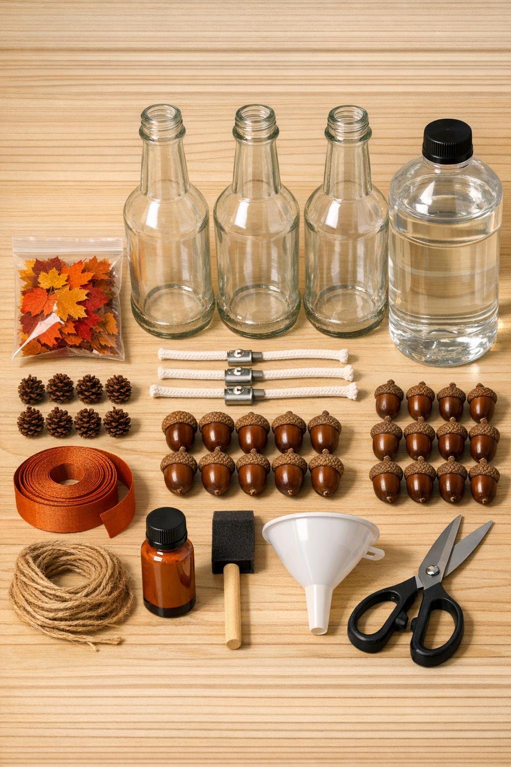 Materials for three autumn bottle oil lamps laid out on a table