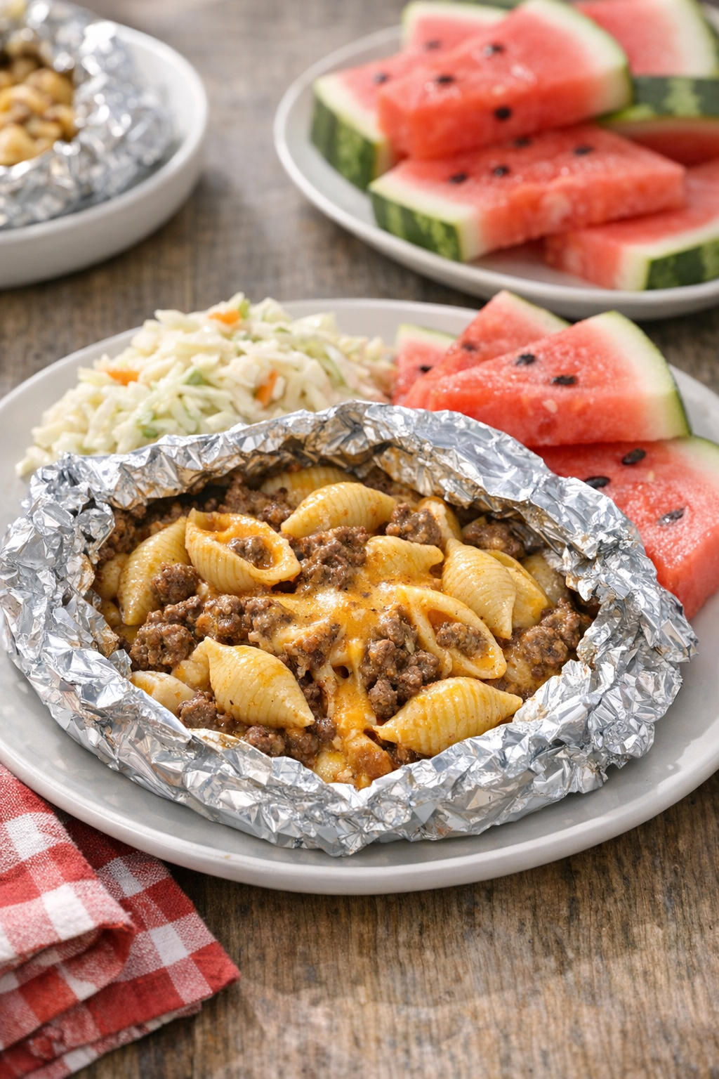 Finished cheeseburger pasta packet served hot with cookout sides
