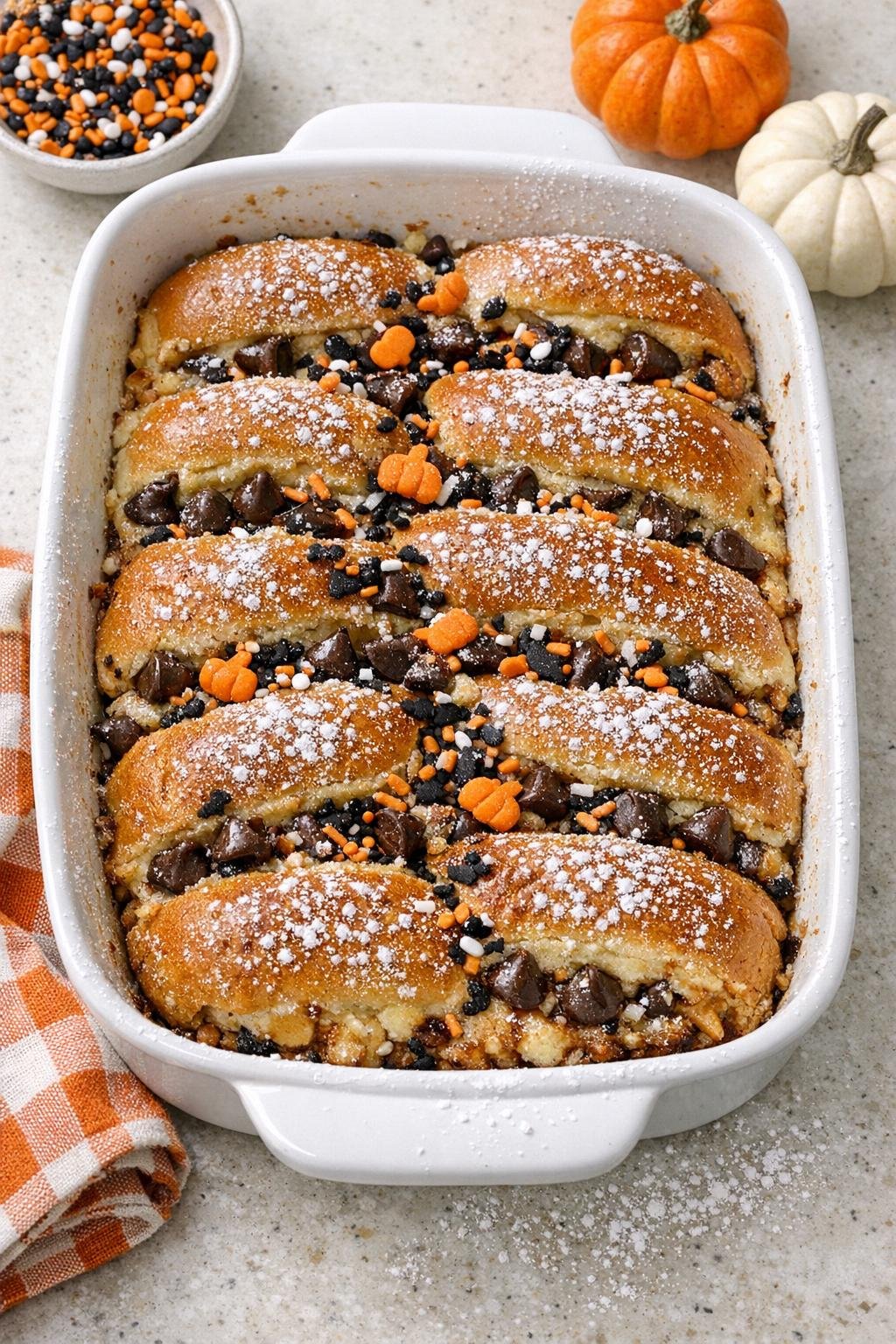 Finished baked Halloween hot dog bun dessert in casserole dish