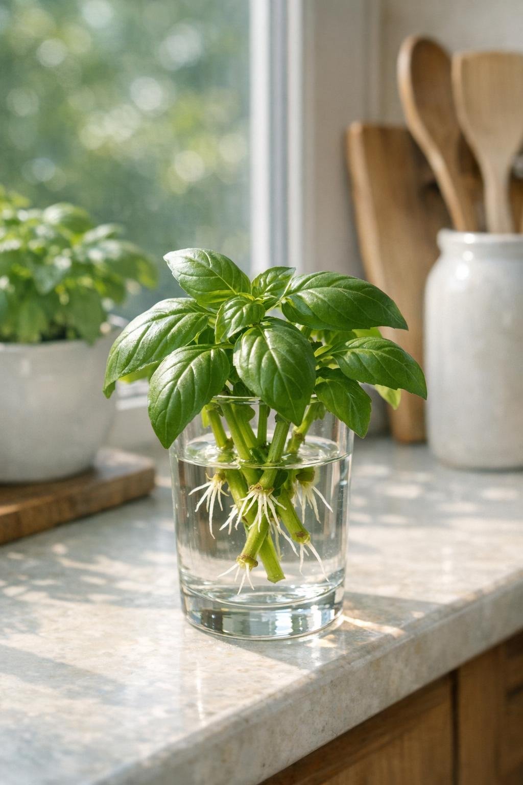 Basil cuttings rooting in water