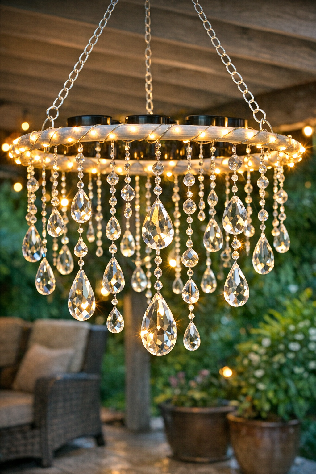 Finished outdoor solar chandelier made from a painted hula hoop, fairy lights, and hanging crystals