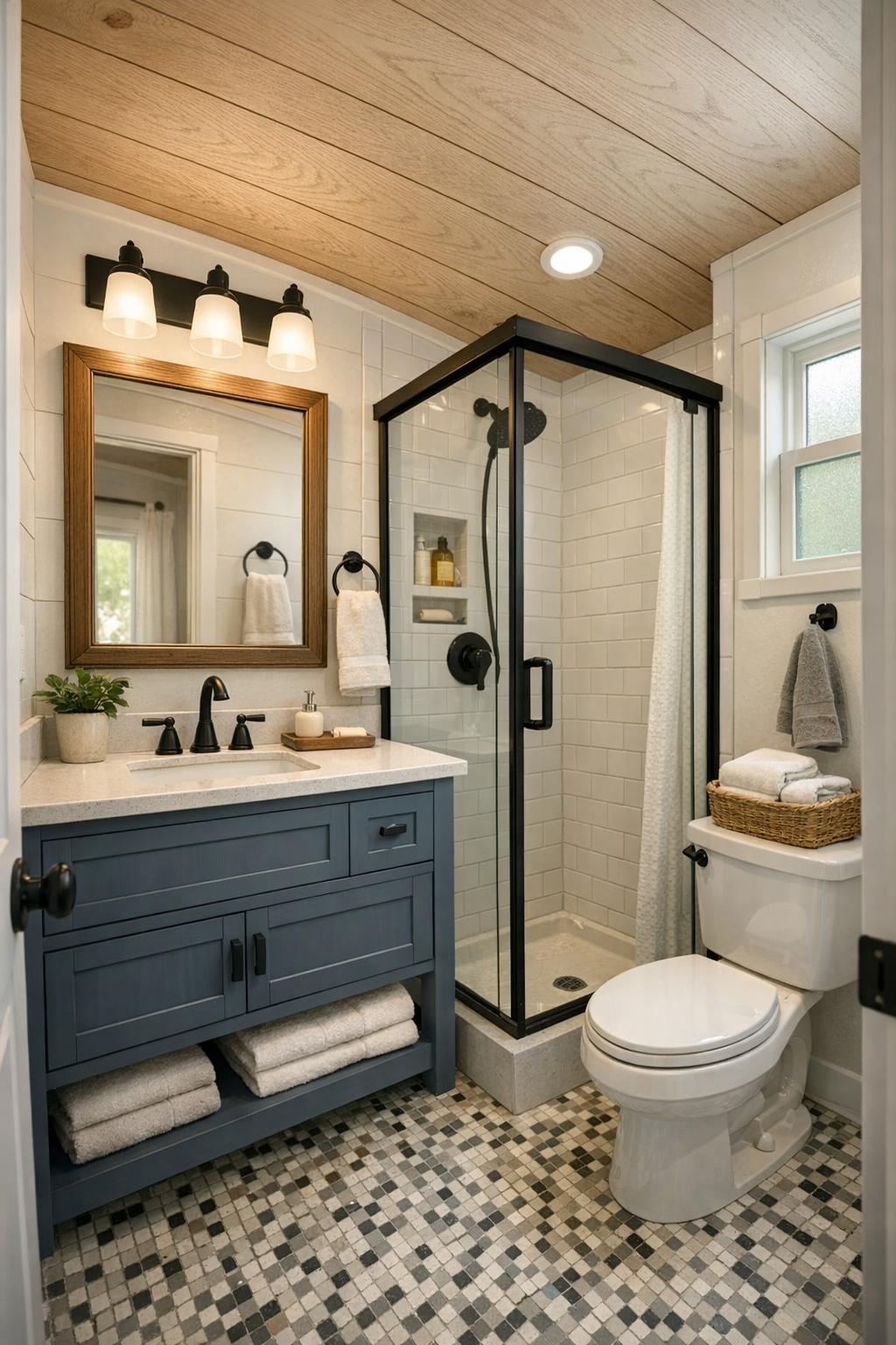 Bright compact bathroom with tiled shower and craftsman vanity