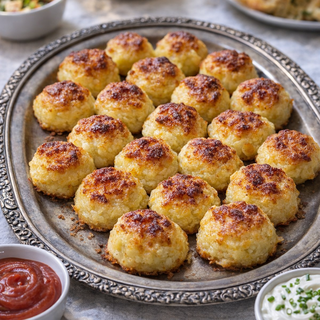 Golden potato puffs on a serving platter