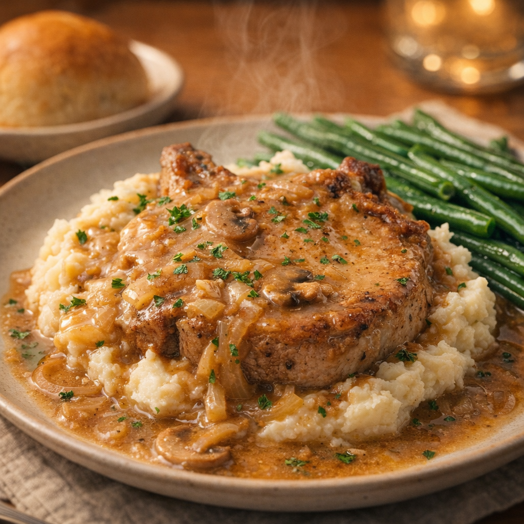 Smothered pork chop served over mashed potatoes with green beans