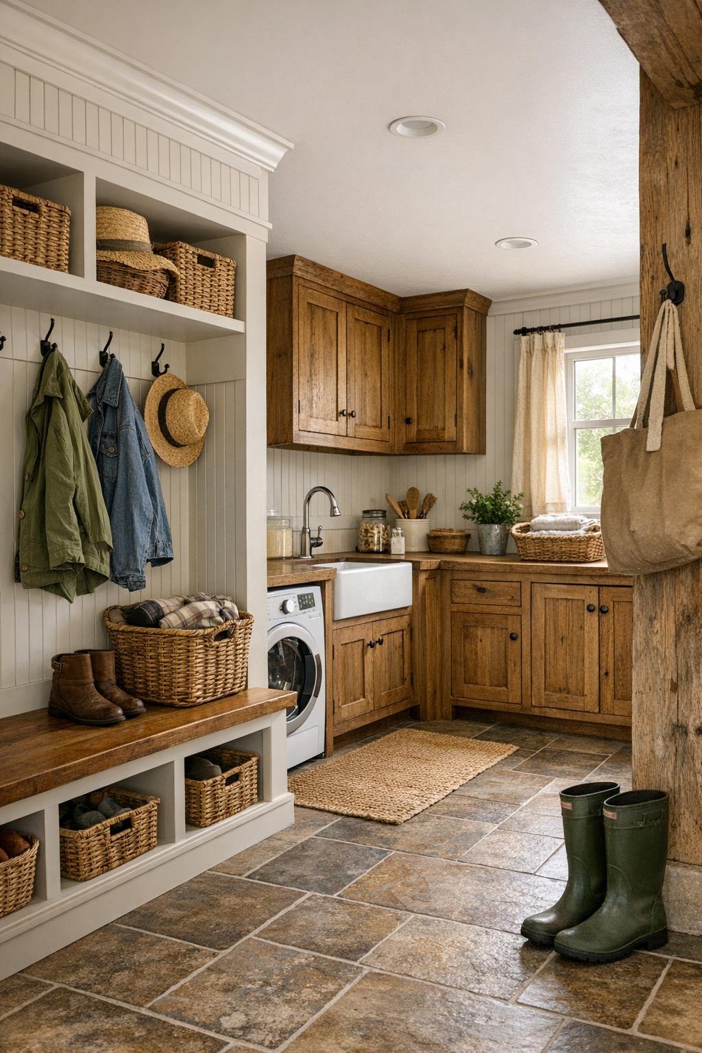 Farmhouse mudroom and utility area with built-in storage and bench