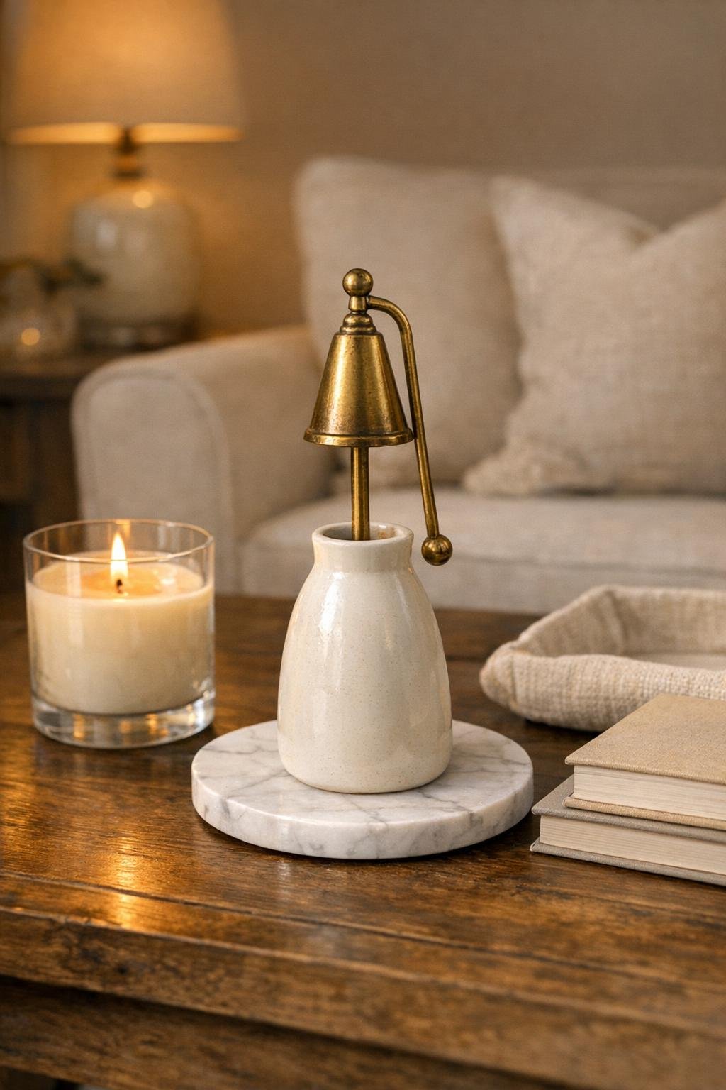 Finished brass candle snuffer holder displayed on a marble coaster in a living room