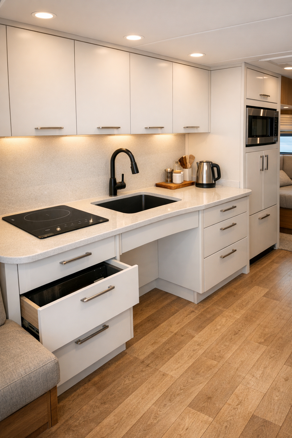Accessible RV kitchen with warm white cabinets, pale solid-surface counters, and open floor space