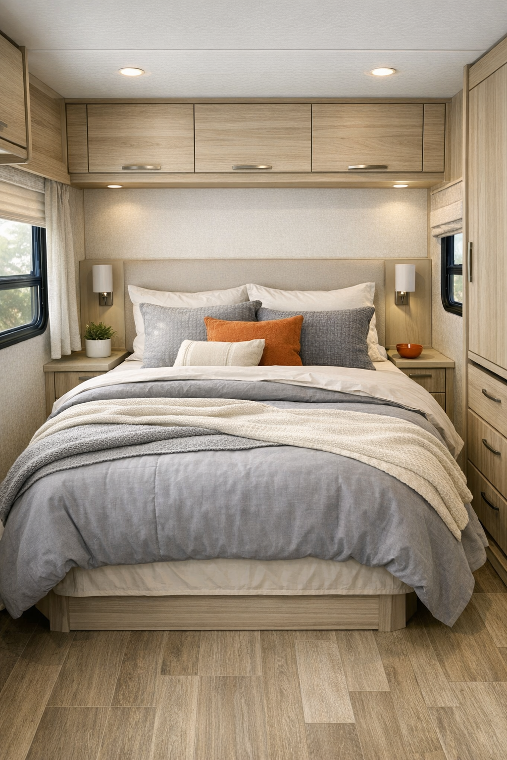 Calm RV camper bedroom with layered gray and cream bedding, built-in storage, and soft daylight