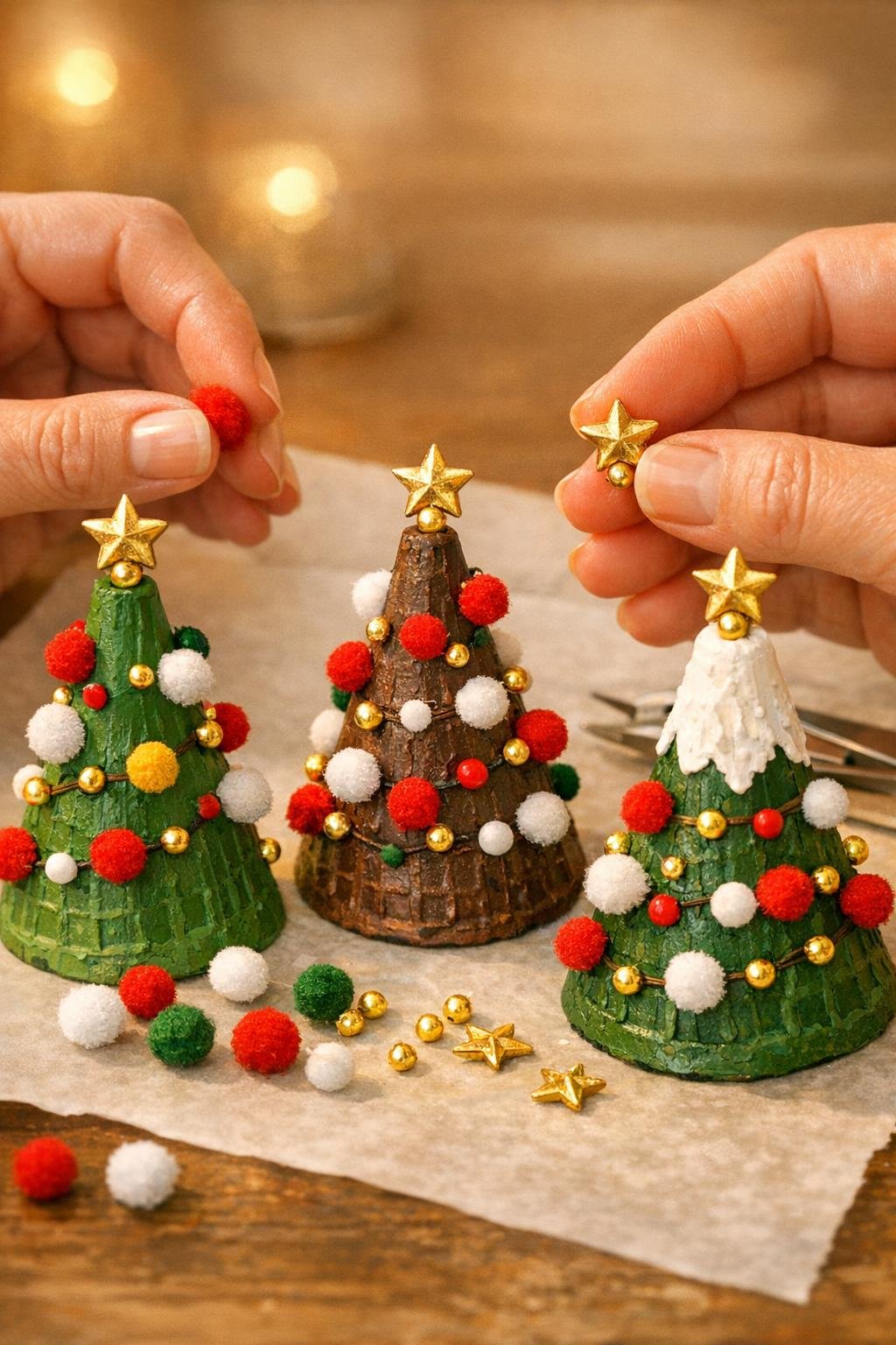Decorating cone trees with pom pom ornaments and gold toppers