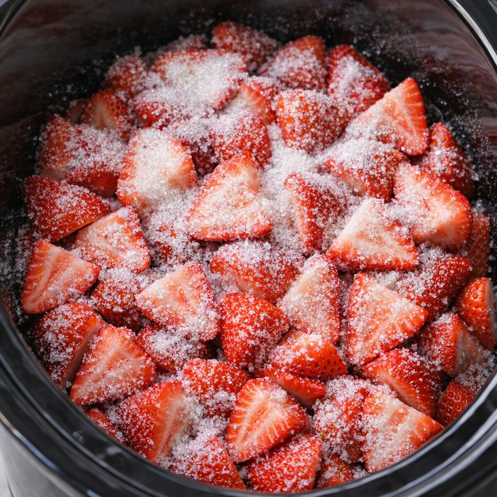 Sugar sprinkled over strawberries in a slow cooker