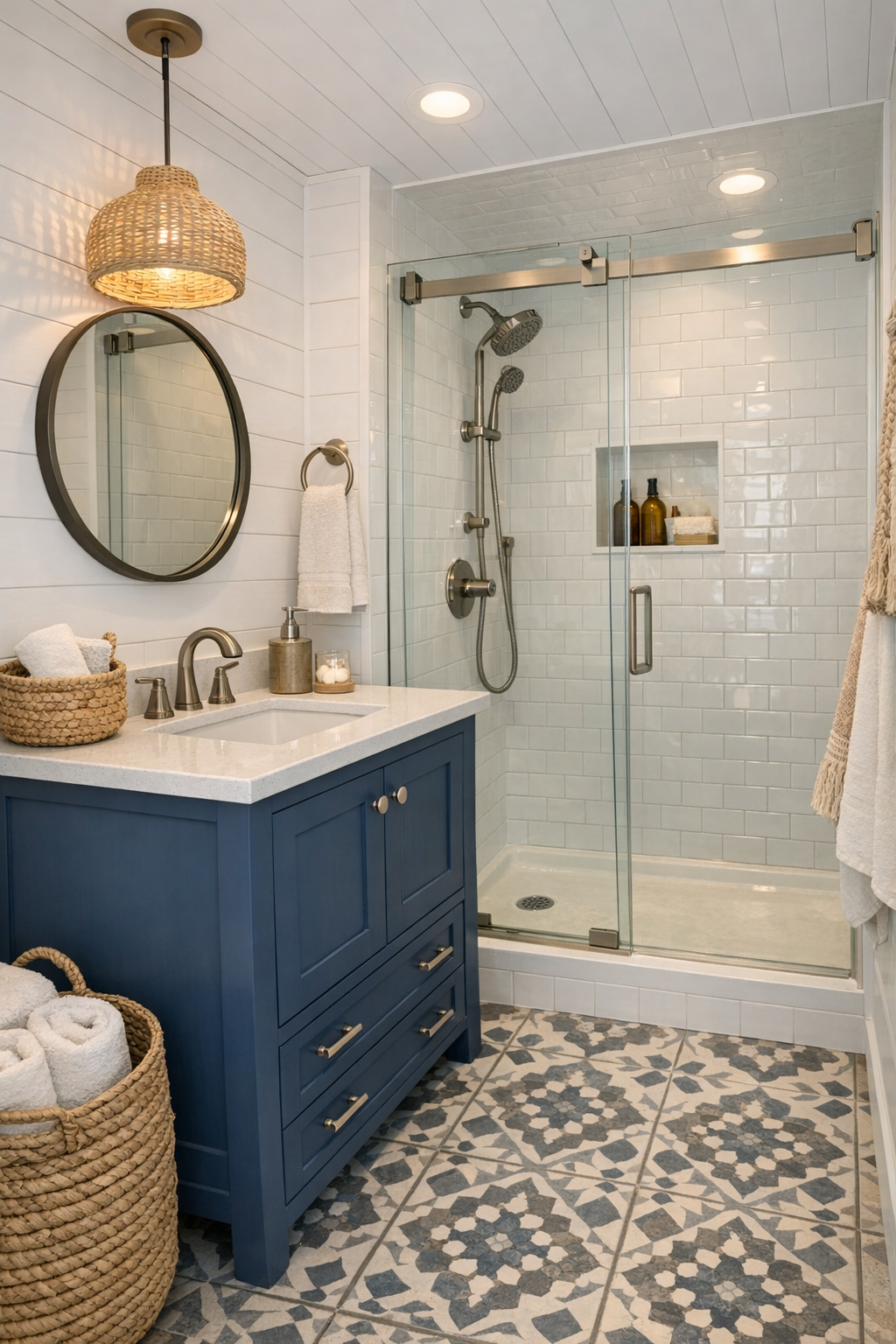 Fresh coastal bathroom with a navy vanity, bright tile, and polished compact styling