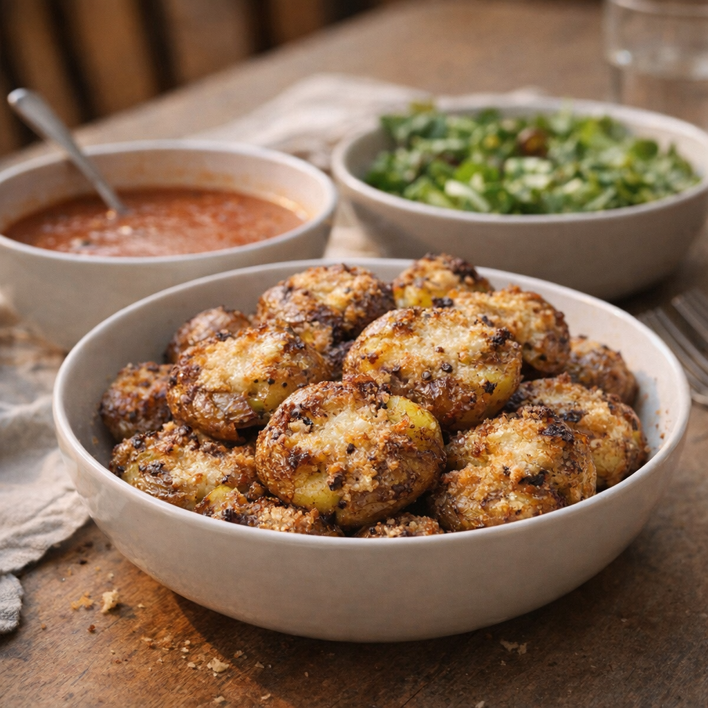 Serving bowl of smashed potatoes beside a simple supper