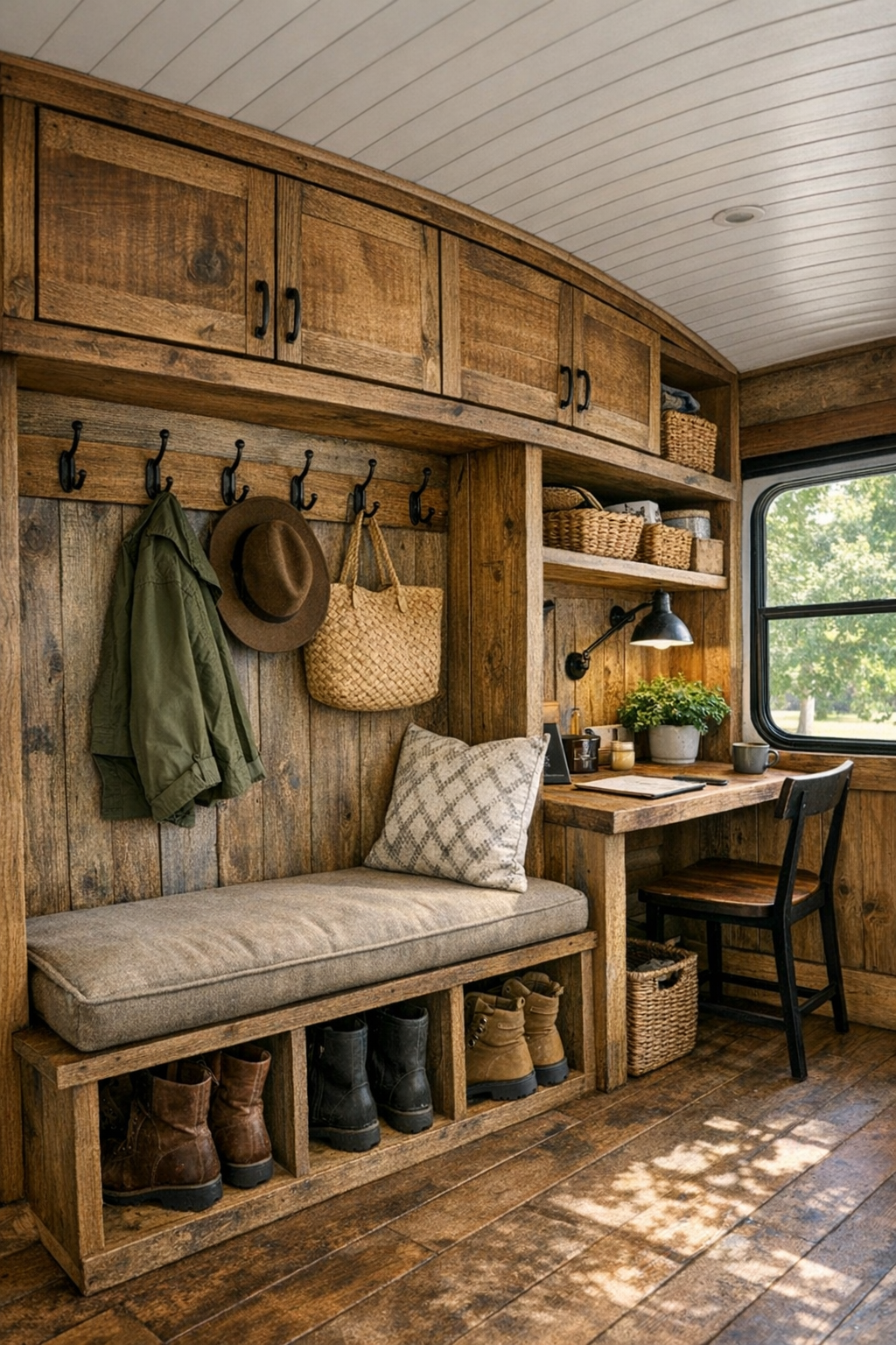 Utility and entry area in a converted bus with storage bench, hooks, and small desk nook