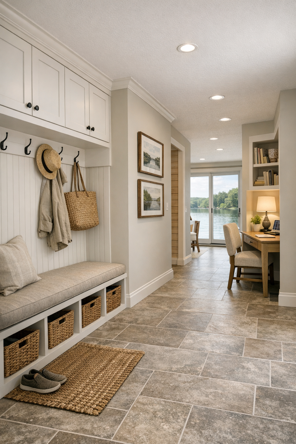 Practical houseboat hallway and entry nook with built-in bench and soft country details