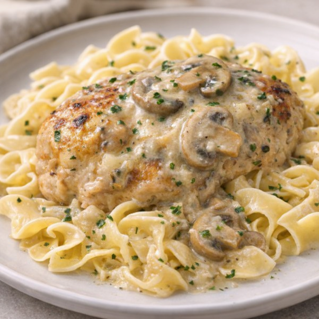 Plated chicken with sauce over egg noodles