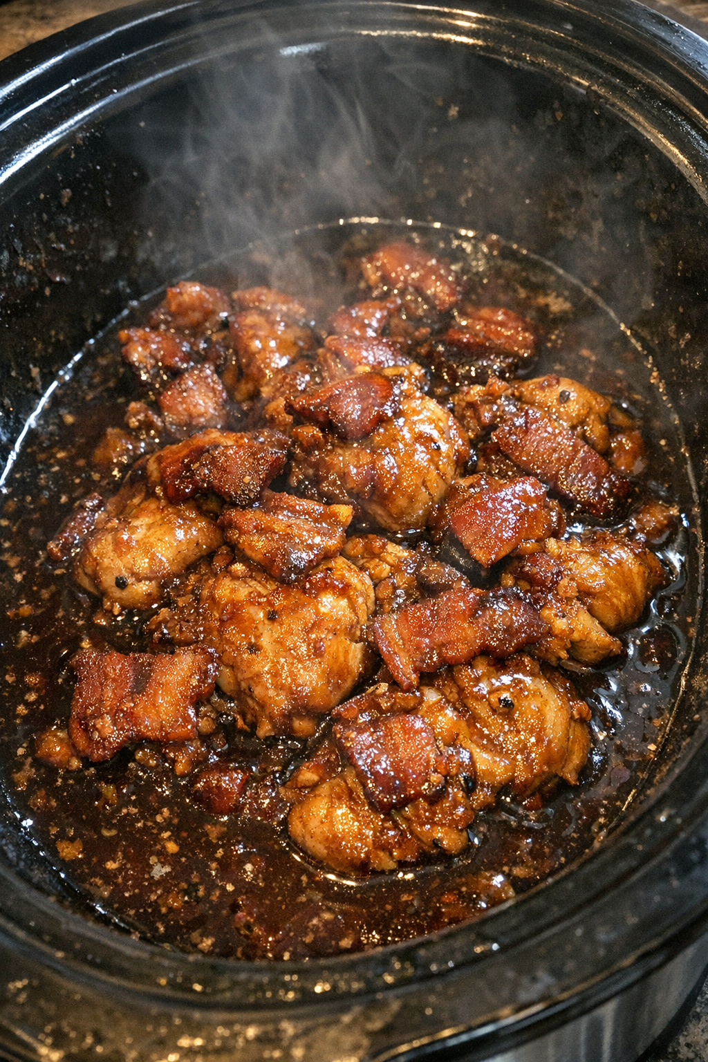 Finished slow cooker bacon chicken in glossy sauce