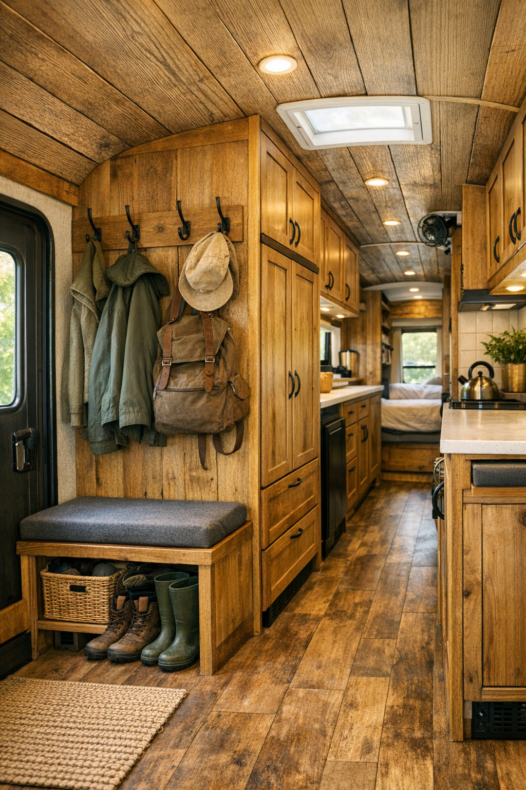 Functional interior passage and entry area in a converted bus with wood storage and rustic details